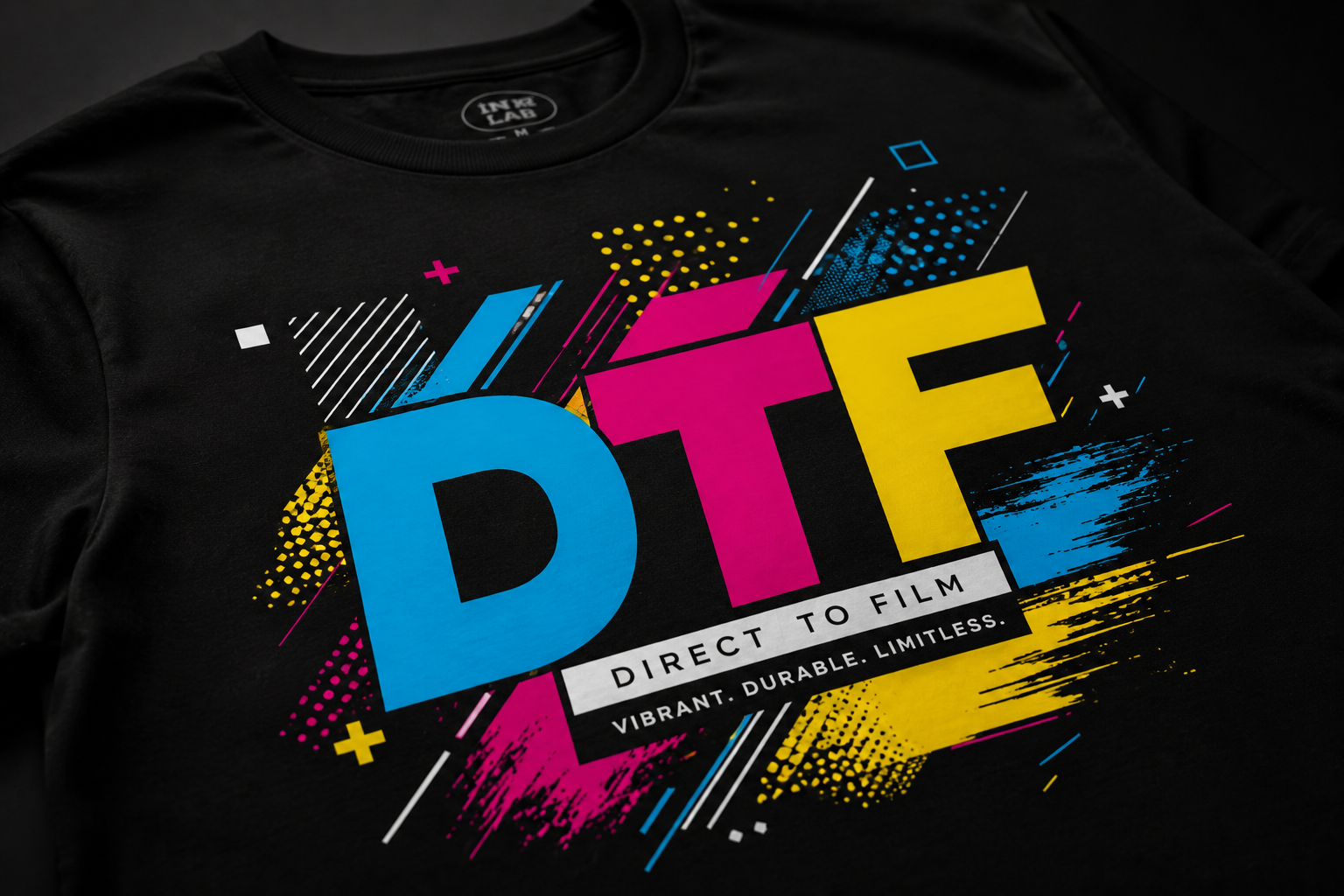 Bold DTF print on black t-shirt showing smooth opaque CMYK color output